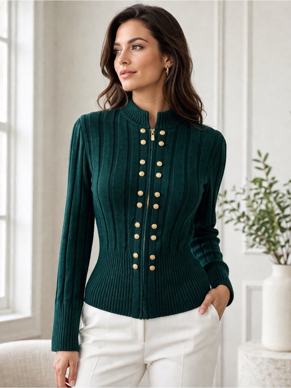 St John Collection Rib Knit Jacket Gold Button Zip Cardigan Green 2